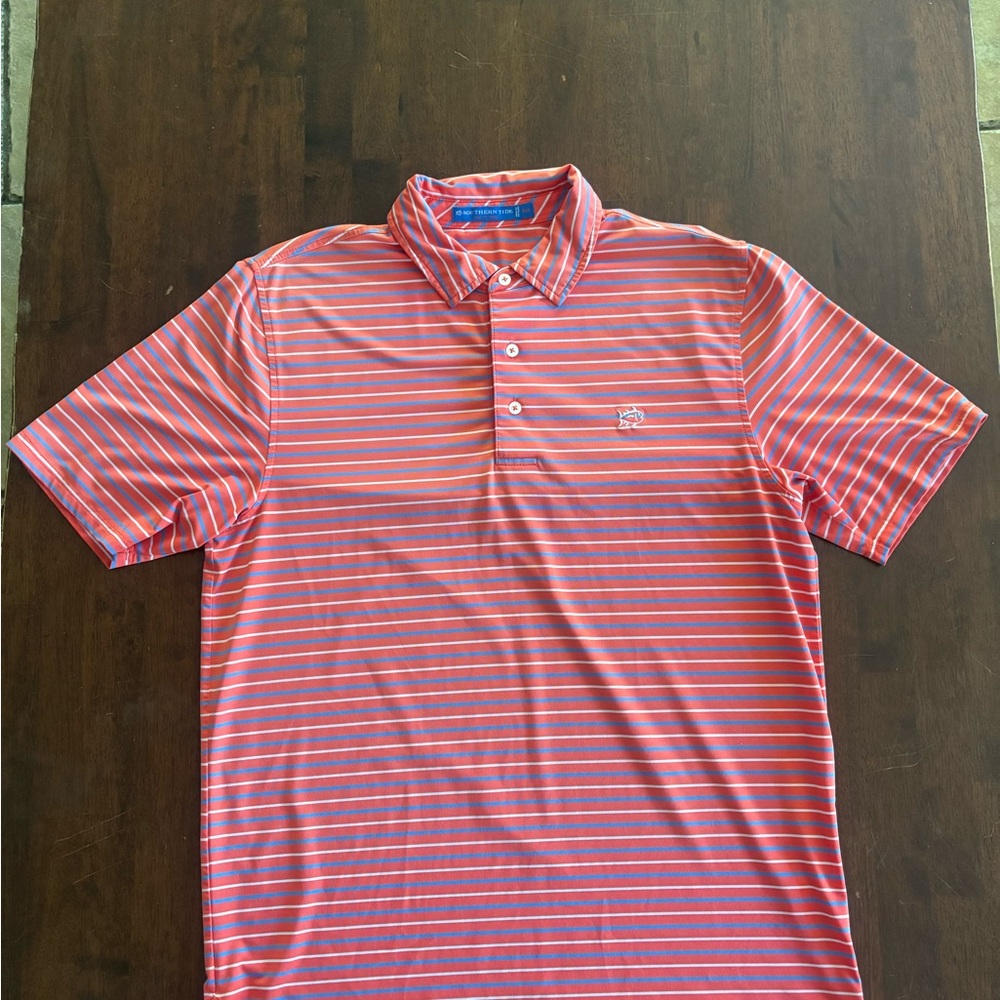 Southern Tide Polo Shirt - Coral and Blue Stripes